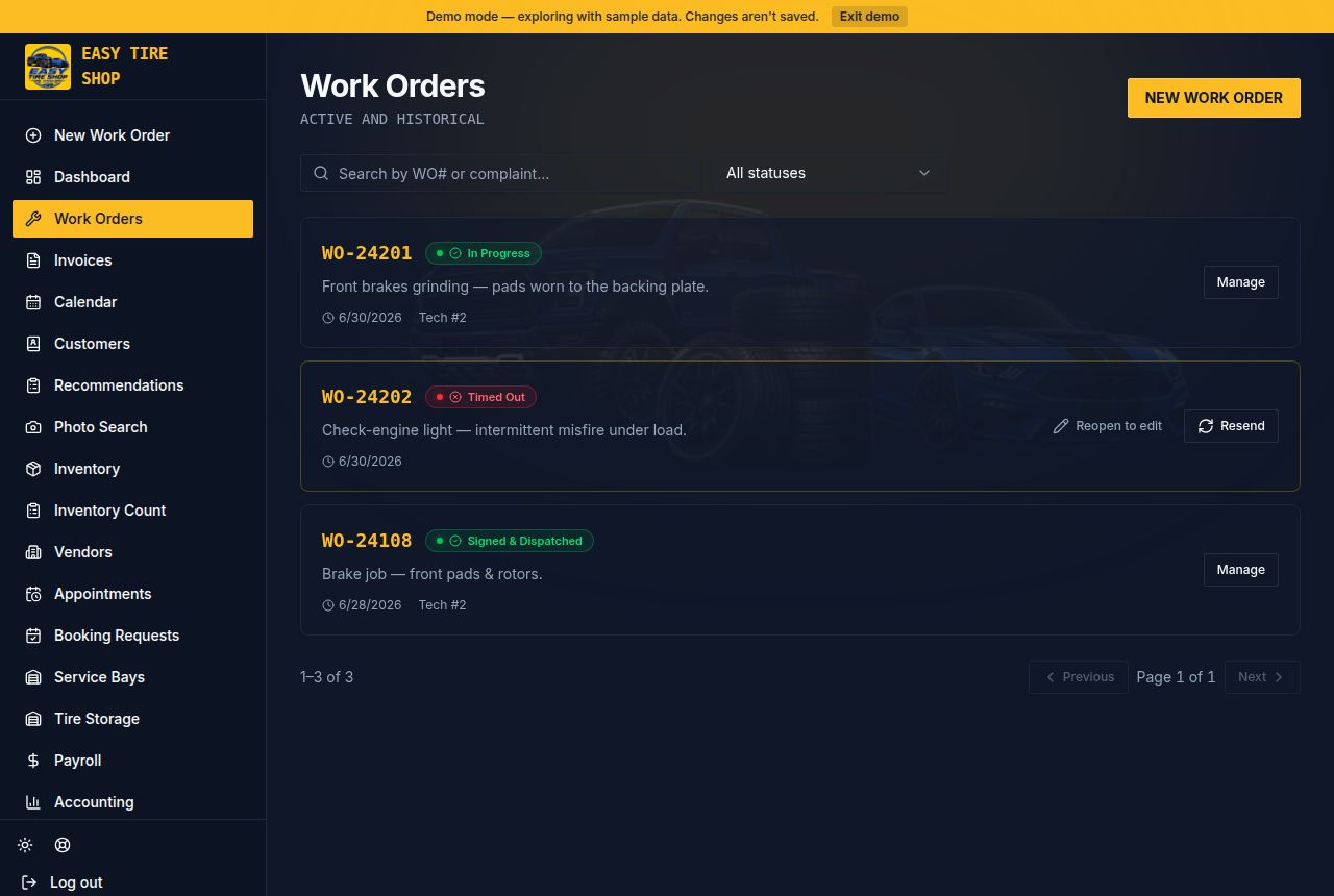 Work Orders screen